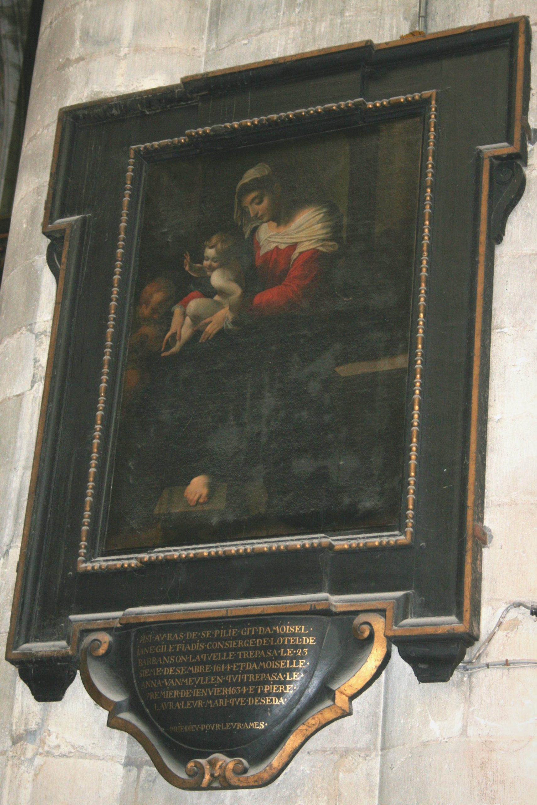 Schilderij voor de restauratie met een voorstelling van Maria met Kind en Johannes de Doper door Abraham Janssen in een zwarte lijst.