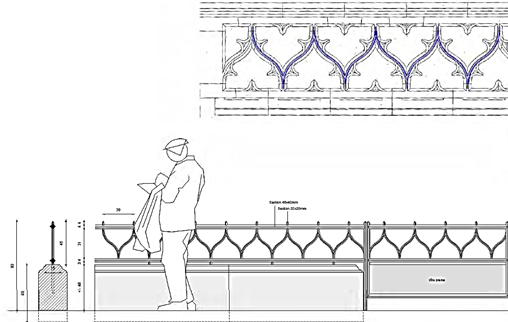 Technische tekening met architecturale details en het ontwerp van een omheining met afmetingen en aantekeningen.
