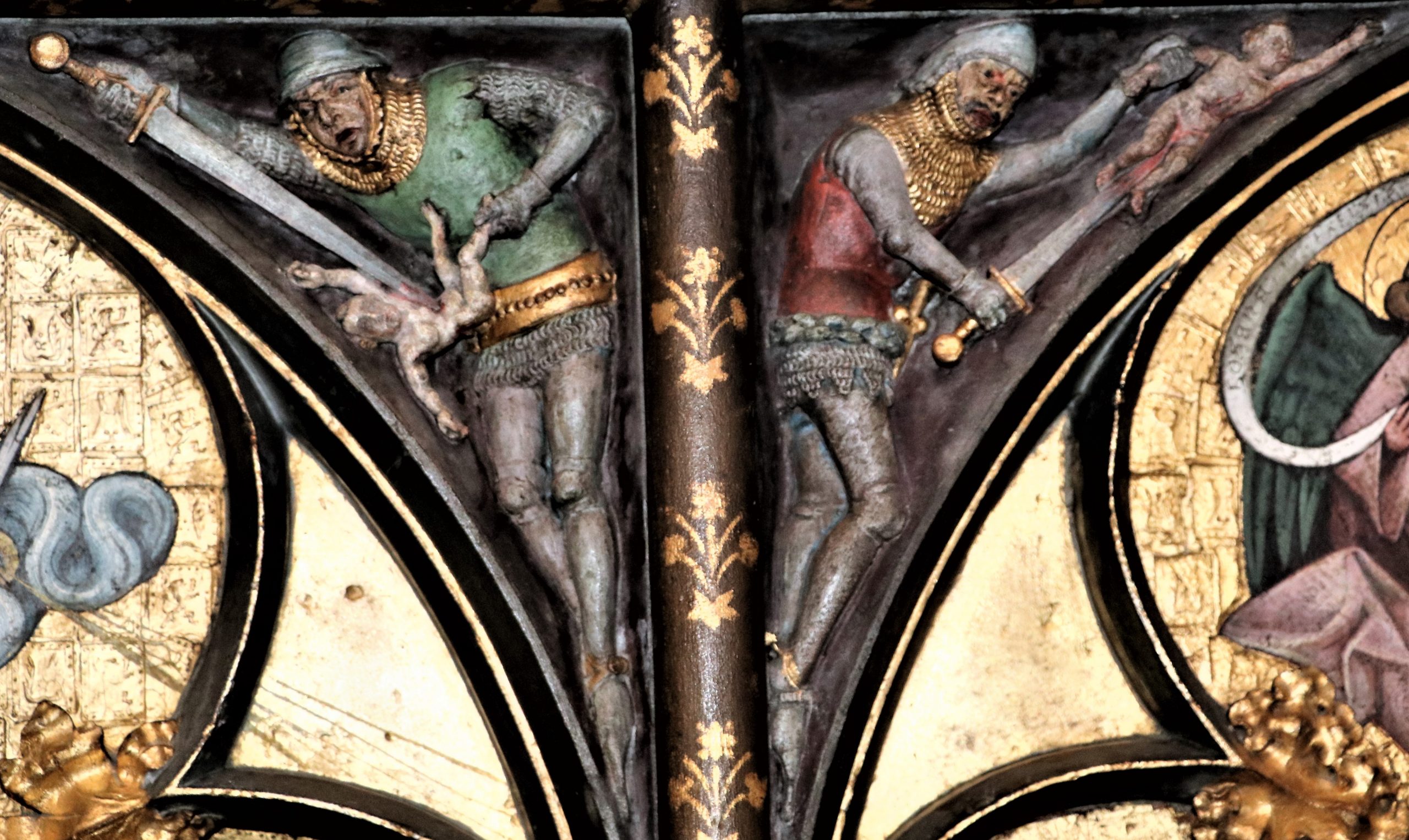 Detail van de afslachting van de onschuldigen, gerestaureerd schilderij.