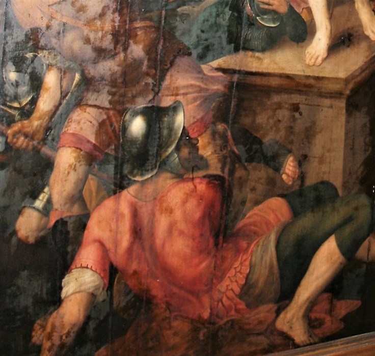 Inzoomen op een figuur in het drieluik van Michel Coxcie, vóór de restauratie.