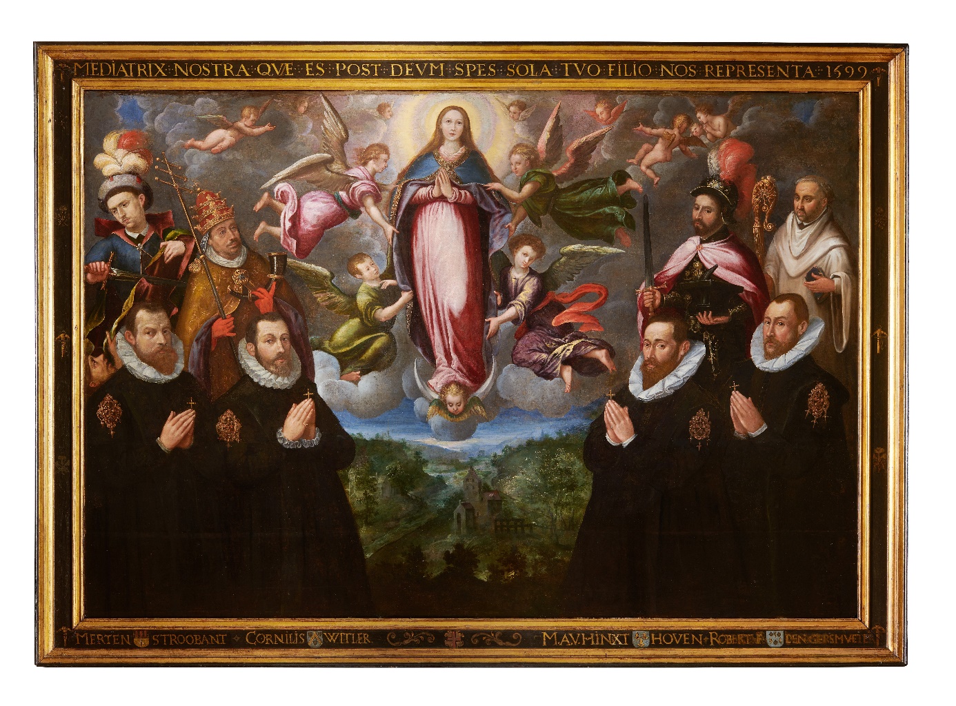 schilderij van de Assumptie met vier schenkers van de gerestaureerde Grote Kruisboog Eed.